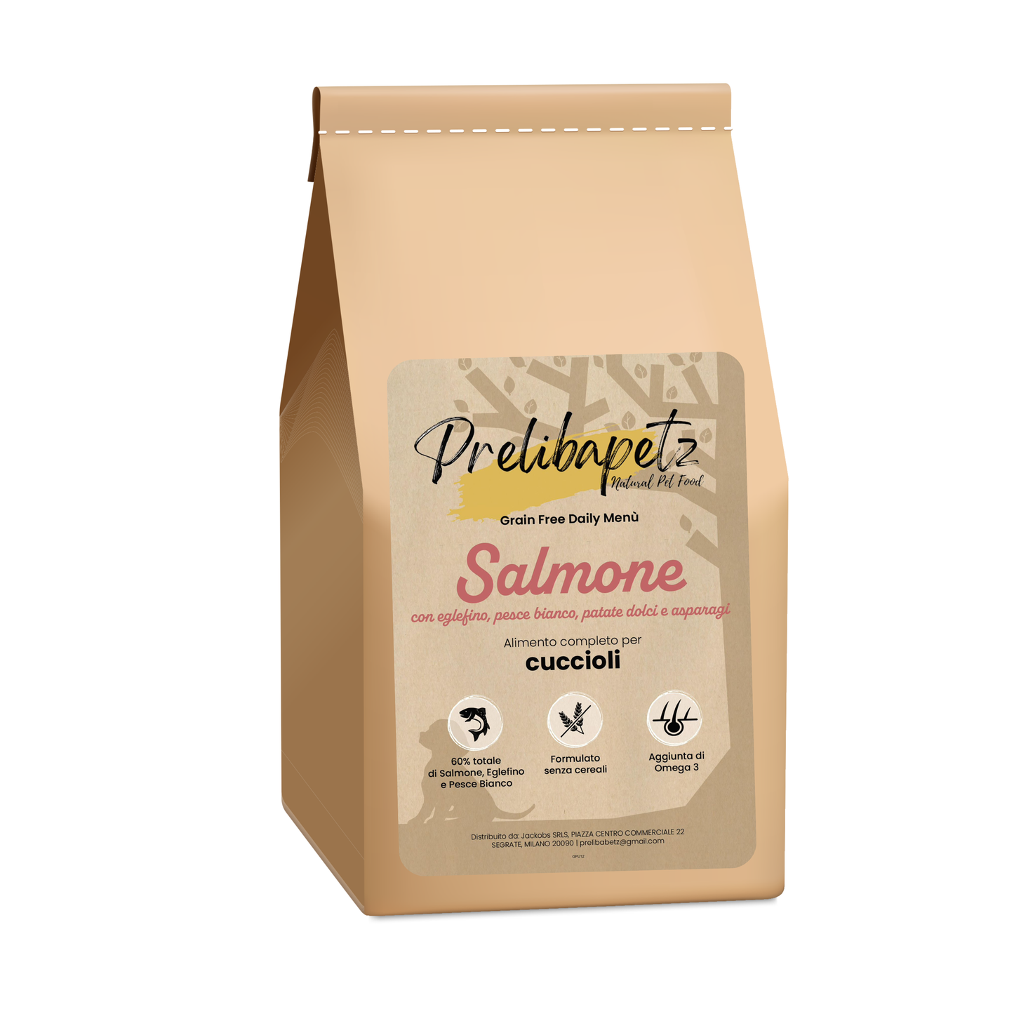 Prelibapetz- Salmone con eglefino, pesce bianco, patate dolci e asparagi- cuccioli