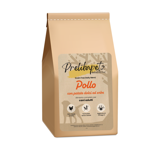 Prelibapetz- Pollo con patate dolci ed erbe- cani adulti