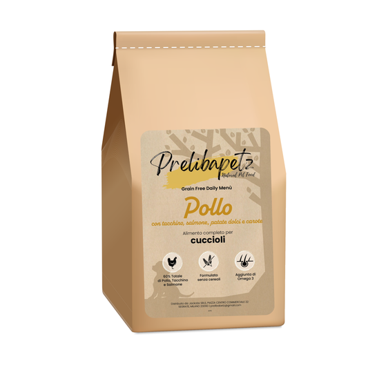Prelibapetz- Pollo con tacchino, salmone, patate dolci e carote- cuccioli