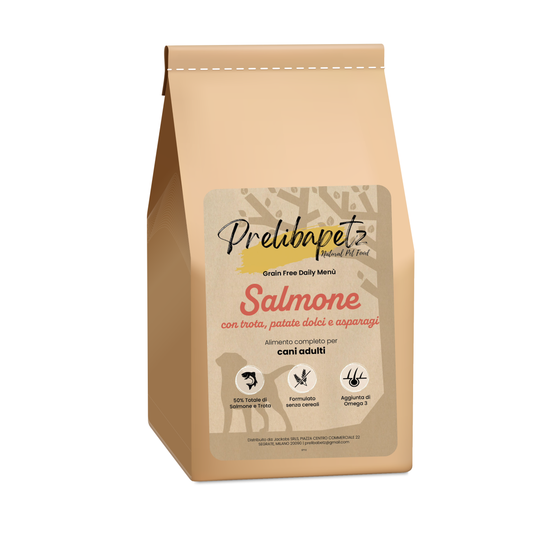 Prelibapetz- Salmone con trota, patate dolci e asparagi- cane adulto