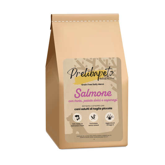 Prelibapetz- Salmone con trota, patate dolci e asparagi- cane adulto piccola taglia