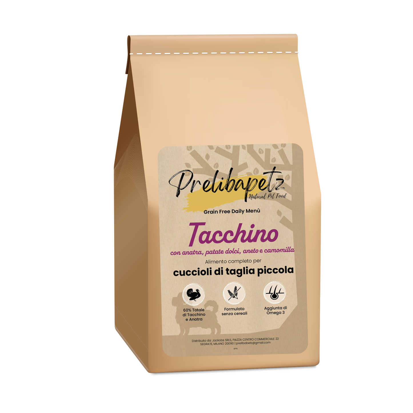 Prelibapetz- Tacchino con anatra, patate dolci, aneto e camomilla- cuccioli di piccola taglia